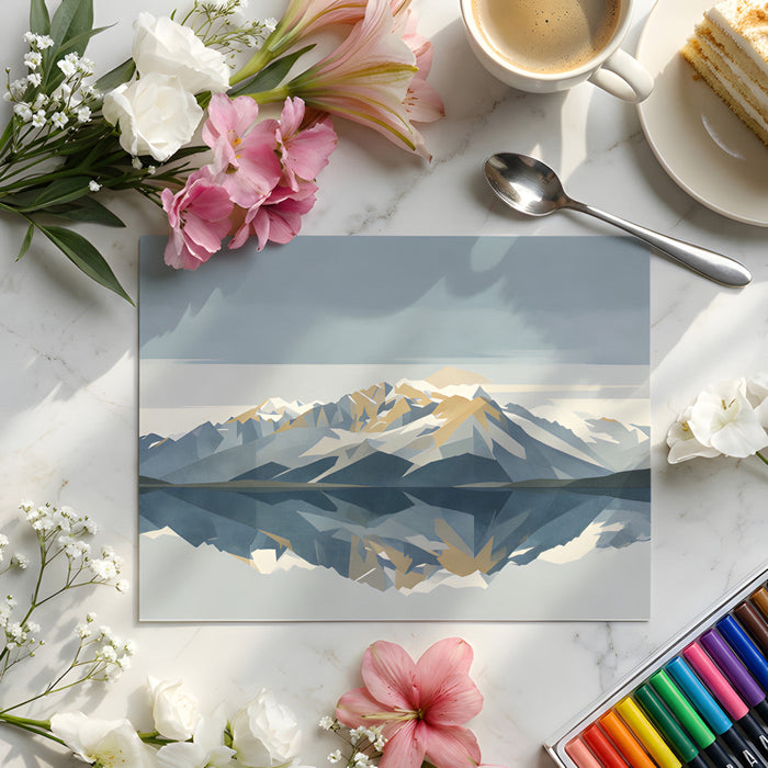 Serene bedroom interior featuring an alpine lake mural behind a wooden bed frame