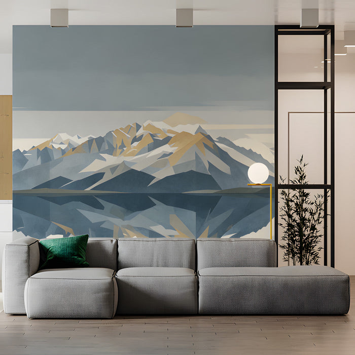 Commercial space with a calm mountain mural creating a wide landscape effect