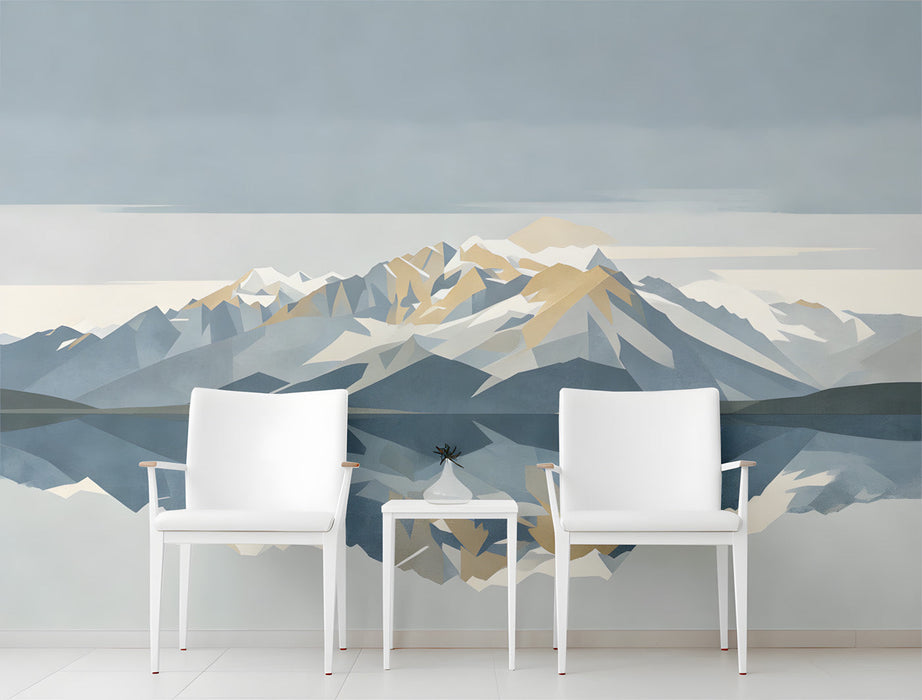 Modern entryway with a mountain landscape mural on the main feature wall