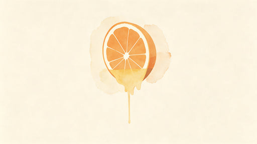 A minimalist watercolor painting of a single orange slice dripping with liquid gold on a cream background