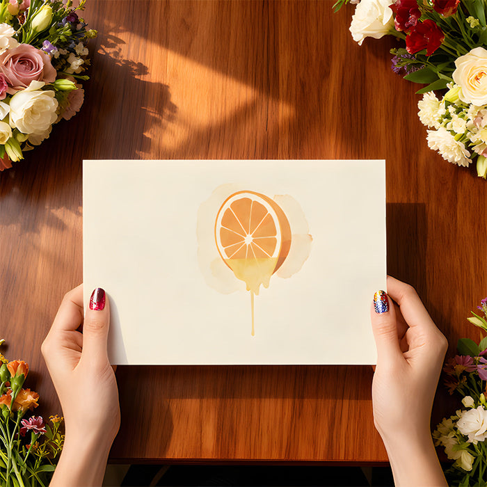 A cozy breakfast nook featuring a minimalist citrus wall mural and light oak table