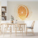 A sunny meeting room with a watercolor citrus slice accent wall and neutral decor