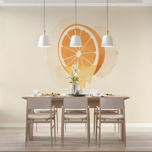 A bright, modern dining room featuring a citrus slice mural behind an island with wooden stools