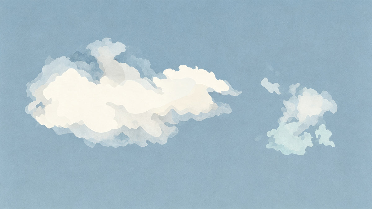 Abstract wallpaper pattern featuring soft white clouds on a dusty blue watercolor background.