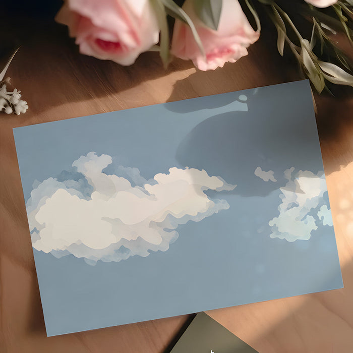 Sky theme wallpaper mural in a bright nursery with light wood furniture.
