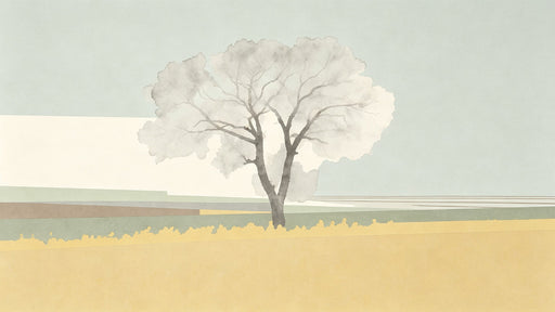 Minimalist watercolor landscape mural featuring a central tree with muted ochre and soft blue tones.