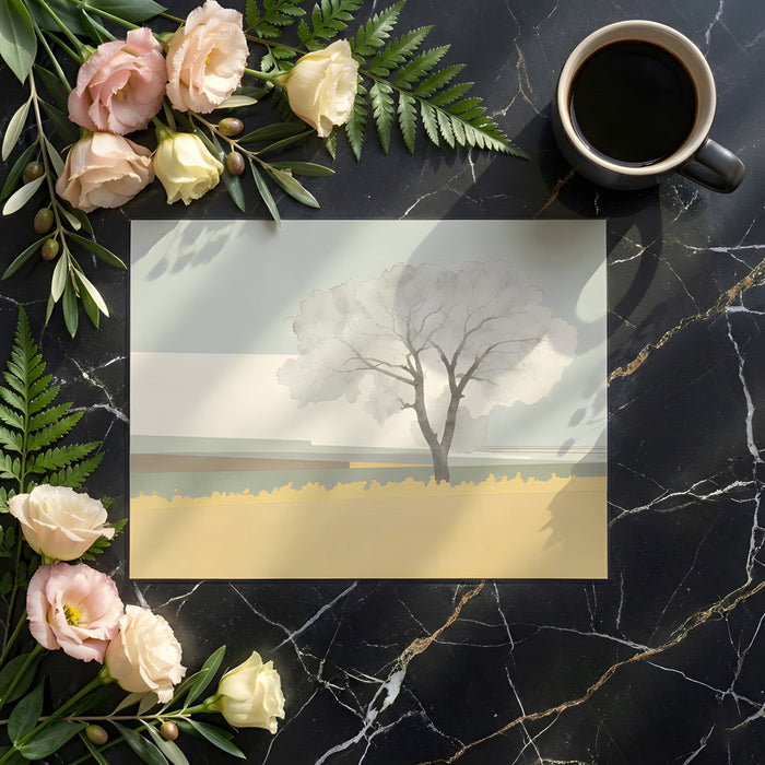 Dining room interior featuring a serene, modern tree wallpaper mural with light yellow and blue hues.