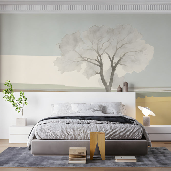 Bedroom wall featuring a minimalist landscape wallpaper with soft earth tones and a centered tree.