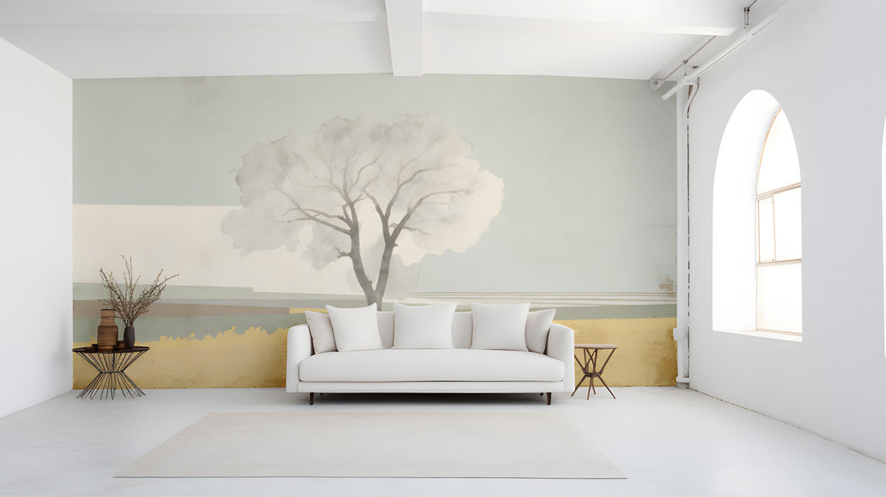 Minimalist office space with a calm landscape wall mural in soft watercolor shades.