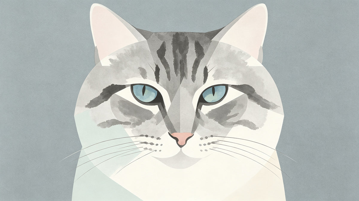 Stylized gray tabby cat portrait with icy blue eyes on a soft slate background