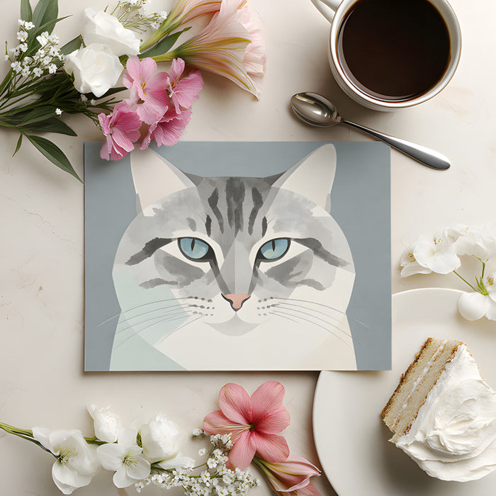Minimalist home office featuring a cat illustration mural on a feature wall