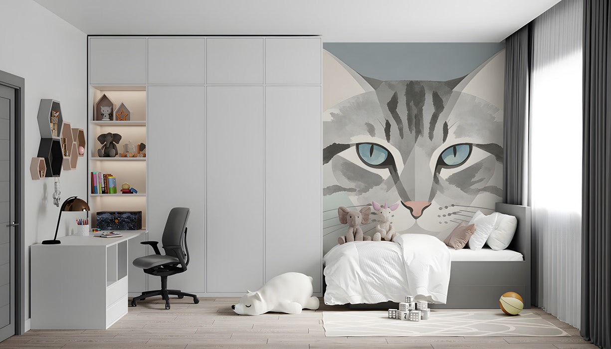 Modern nursery room with a gray cat portrait wall mural behind a white crib