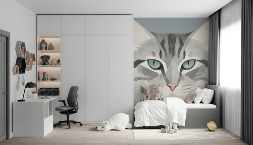 Modern nursery room with a gray cat portrait wall mural behind a white crib