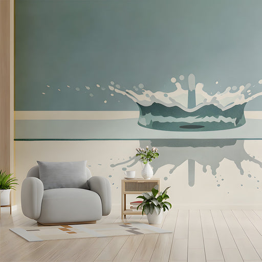 Modern reading nook featuring a serene water splash mural on a feature wall