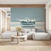 Stylish commercial space interior with a water splash accent wall and minimalist decor