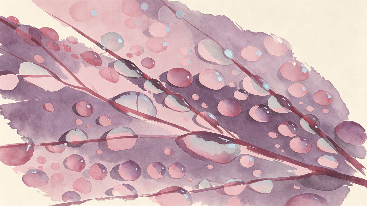 Abstract watercolor botanical pattern with plum leaves and realistic dew drops on cream background
