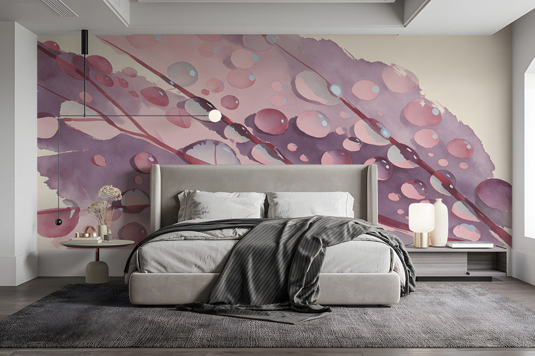 Soft plum watercolor wallpaper installed as a calming accent wall in a modern bedroom