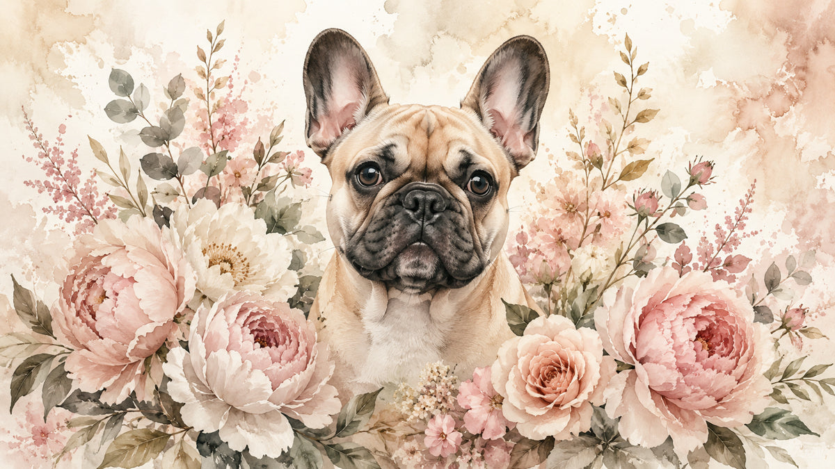 A watercolor mural of a fawn French bulldog surrounded by blush pink peonies and sage leaves on a cream background.
