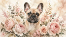 A watercolor mural of a fawn French bulldog surrounded by blush pink peonies and sage leaves on a cream background.