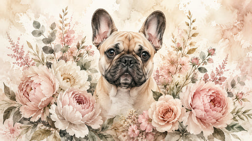 A watercolor mural of a fawn French bulldog surrounded by blush pink peonies and sage leaves on a cream background.