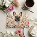A light-filled home office with a floral dog mural on the wall above a wooden desk.