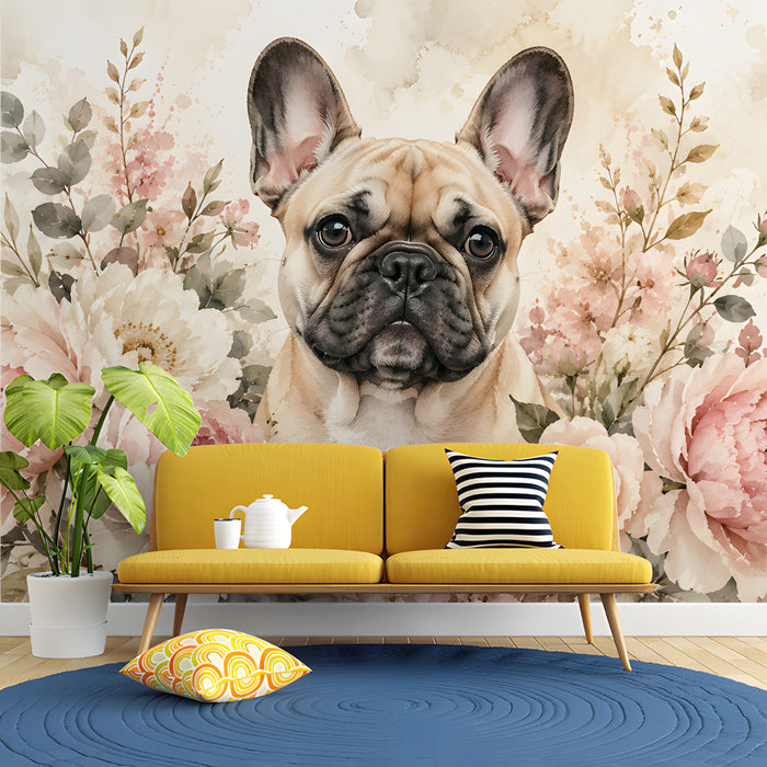 A peaceful reading nook with a floral French bulldog portrait mural and a velvet armchair.