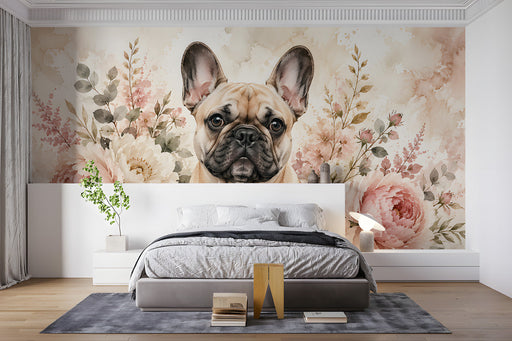 A cozy bedroom featuring a watercolor French bulldog mural behind a white wooden crib.