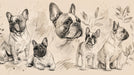Detailed sepia-toned sketch pattern featuring multiple French Bulldogs with ink-wash leaves on a warm oatmeal background
