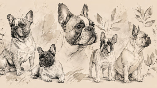 Detailed sepia-toned sketch pattern featuring multiple French Bulldogs with ink-wash leaves on a warm oatmeal background