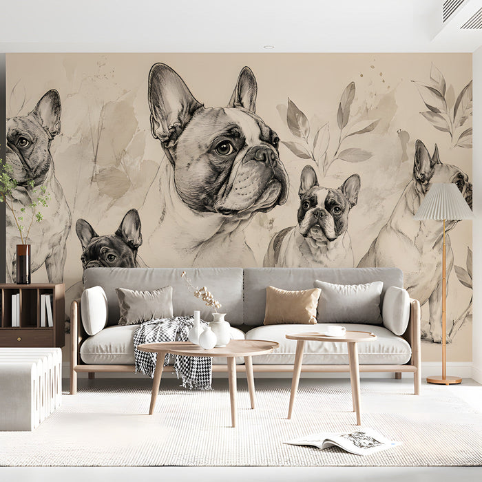 Sepia illustration wall covering in a living room behind a neutral sofa and indoor plants