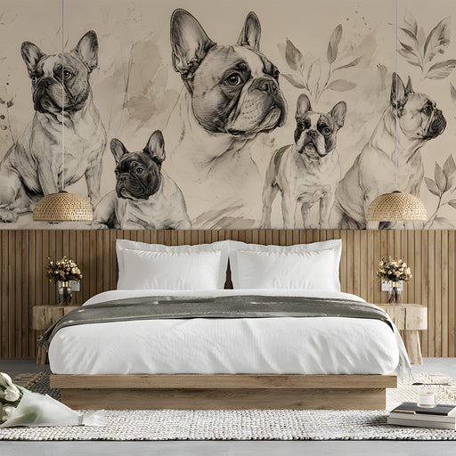 French Bulldog sketch wallpaper installed in a light-filled bedroom with wooden desk and natural accents