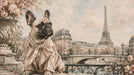 A romantic oil painting style mural showing a French bulldog in a scarf with the Eiffel Tower in the background