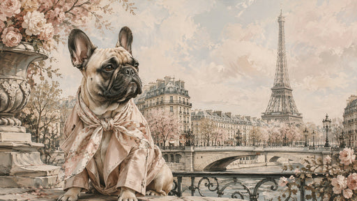A romantic oil painting style mural showing a French bulldog in a scarf with the Eiffel Tower in the background