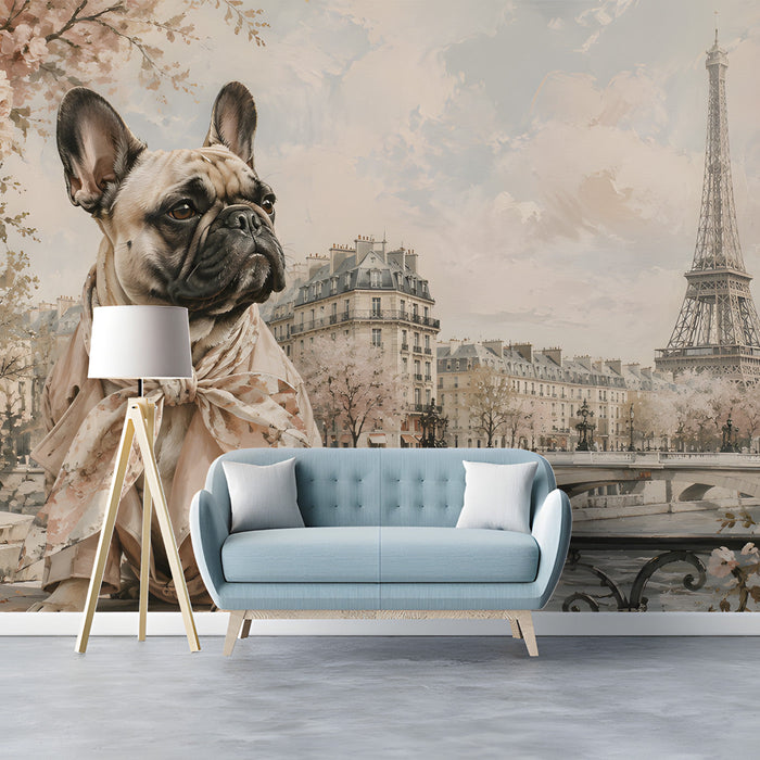 A stylish study with the French bulldog cityscape mural on a feature wall
