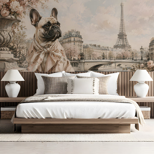 A bedroom wall decorated with a Parisian French bulldog mural and soft linen bedding