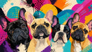 Pop art mural featuring four French Bulldogs in front of vibrant abstract shapes, splatters, and halftone dots