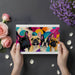 Vibrant dog-themed mural applied in a modern home office space with minimal desk decor