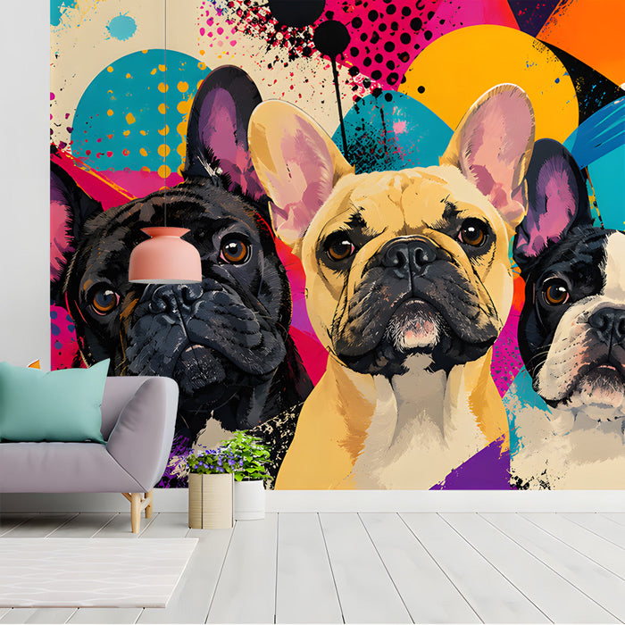 Colorful animal pattern wallpaper in a creative studio or play area with bright accessories