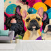 Colorful animal pattern wallpaper in a creative studio or play area with bright accessories