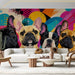 French Bulldog pop art mural installed on a feature wall in a colorful living room with modern furniture