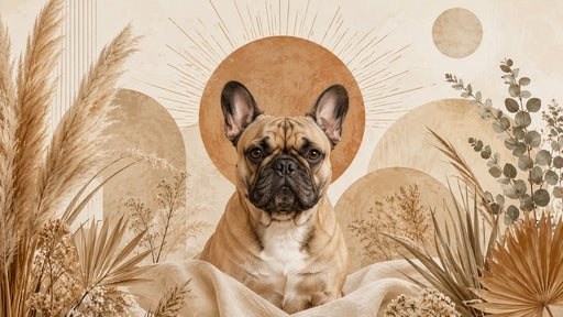 A French Bulldog centered in front of a large ochre sun, surrounded by dried pampas and eucalyptus leaves in a boho style.