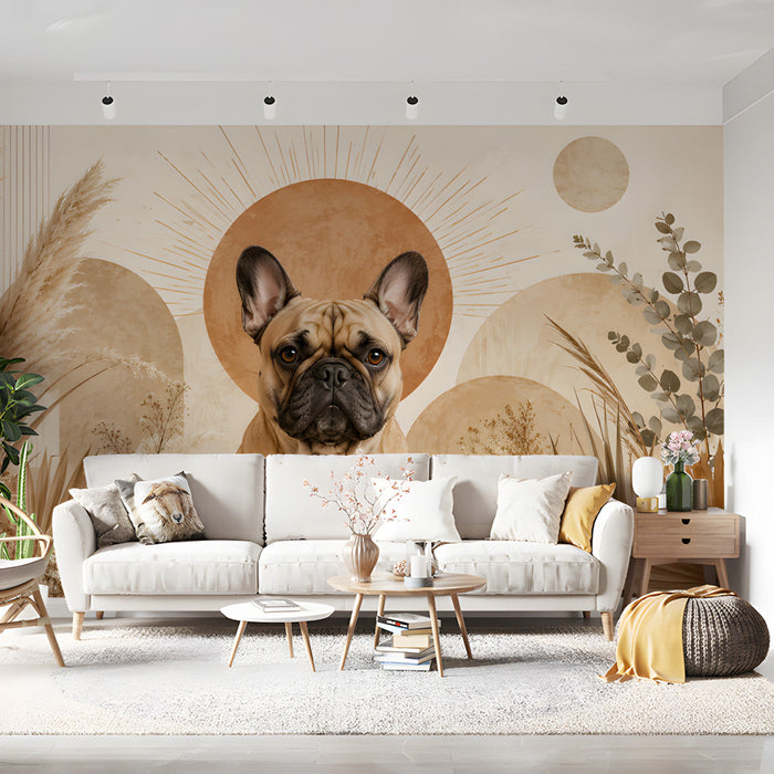 A creative home office space with the boho bulldog wall art and light oak furniture.