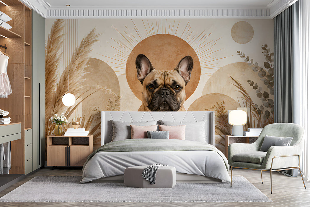 A stylish bedroom featuring a French Bulldog mural on the main wall with minimalist wooden crib decor.