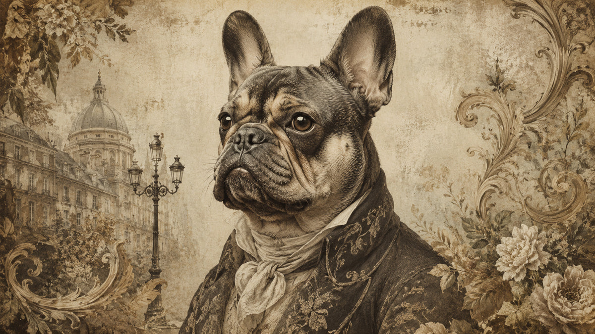 Vintage-style portrait of a French Bulldog wearing a period coat with ornate floral scrolls and European building details