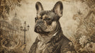 Vintage-style portrait of a French Bulldog wearing a period coat with ornate floral scrolls and European building details