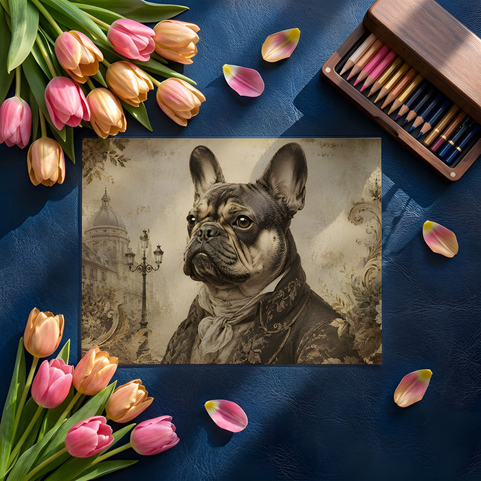 Eclectic dining room interior with the sepia-toned bulldog mural creating a unique focal point behind a dark wood table