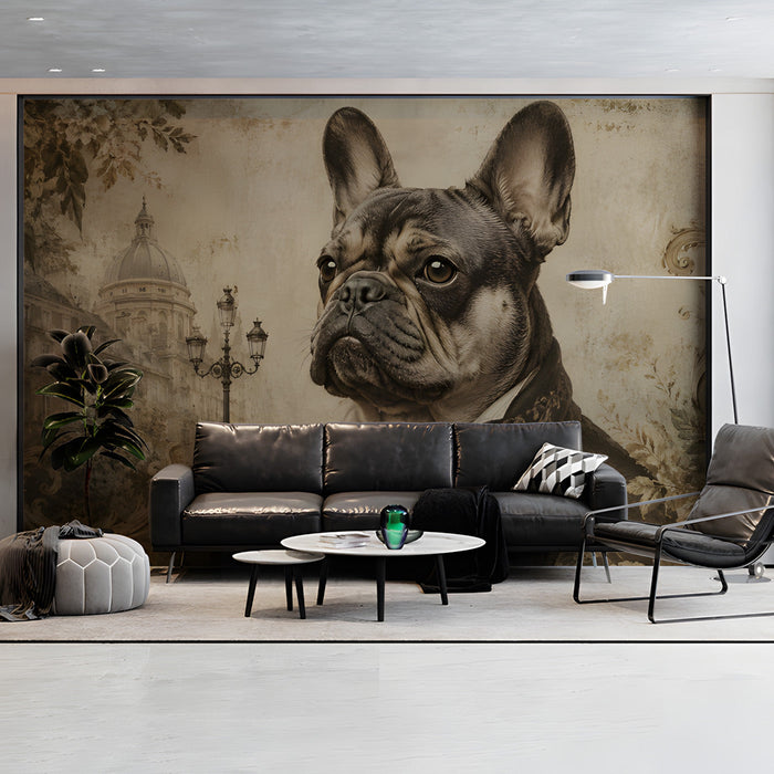Cozy living room with the whimsical canine mural adding character to the wall above a leather armchair