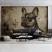 Cozy living room with the whimsical canine mural adding character to the wall above a leather armchair