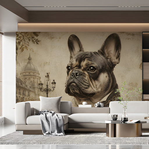 Sophisticated commercial space featuring the aristocratic dog mural as a statement wall behind an antique oak desk