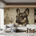 Sophisticated commercial space featuring the aristocratic dog mural as a statement wall behind an antique oak desk